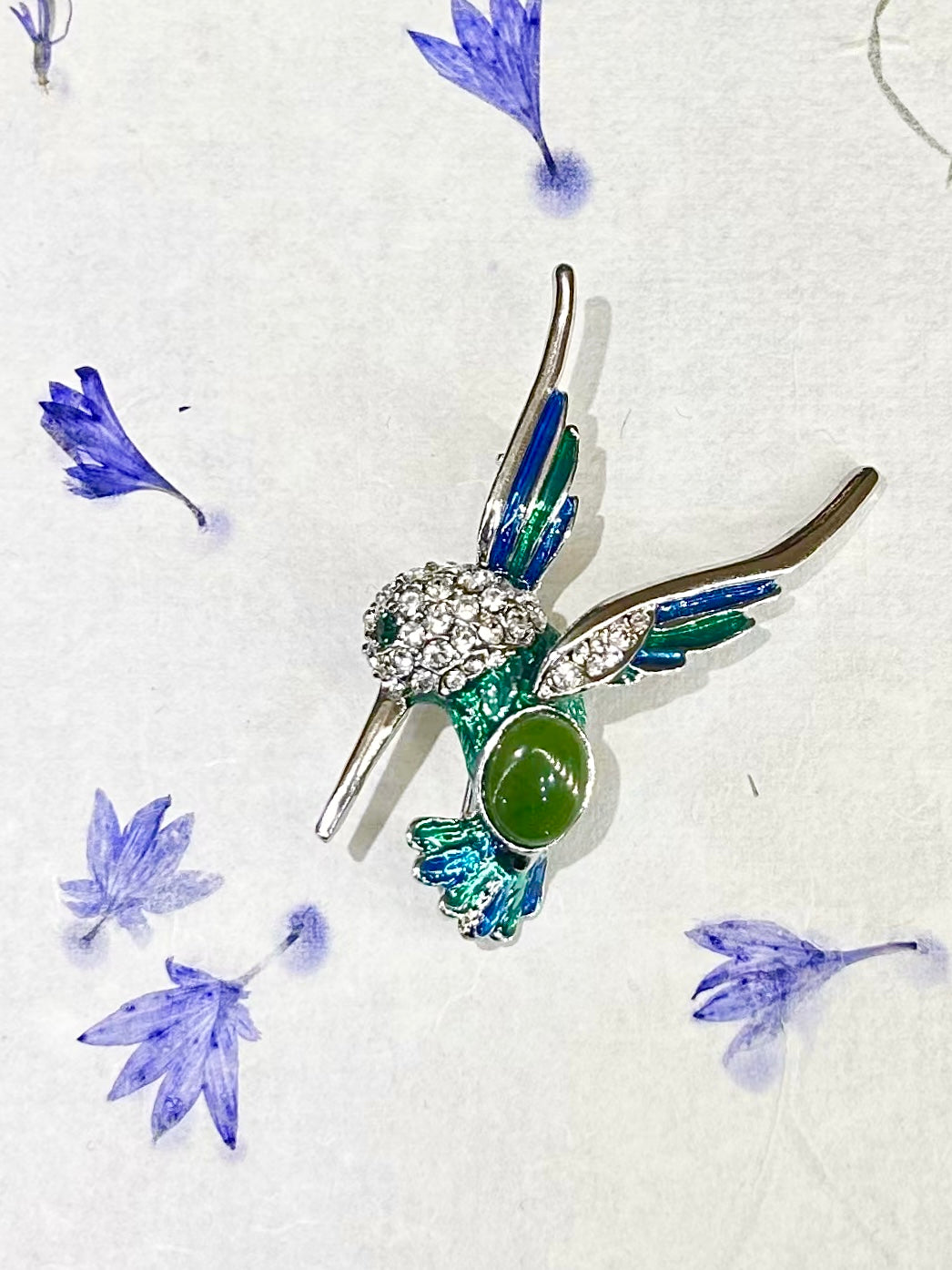 Canadian BC Jade Humming Bird Brooch / Pin Silver Colour