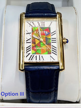 Load image into Gallery viewer, Ammolite Watch- Large-Roman Mosaic Rectangle Watch-Navy Blue Leather Strap (Korite)
