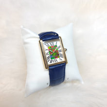 Load image into Gallery viewer, Korite Ammolite Watch- Large-Roman Mosaic Rectangle Watch-Navy Blue Leather Strap
