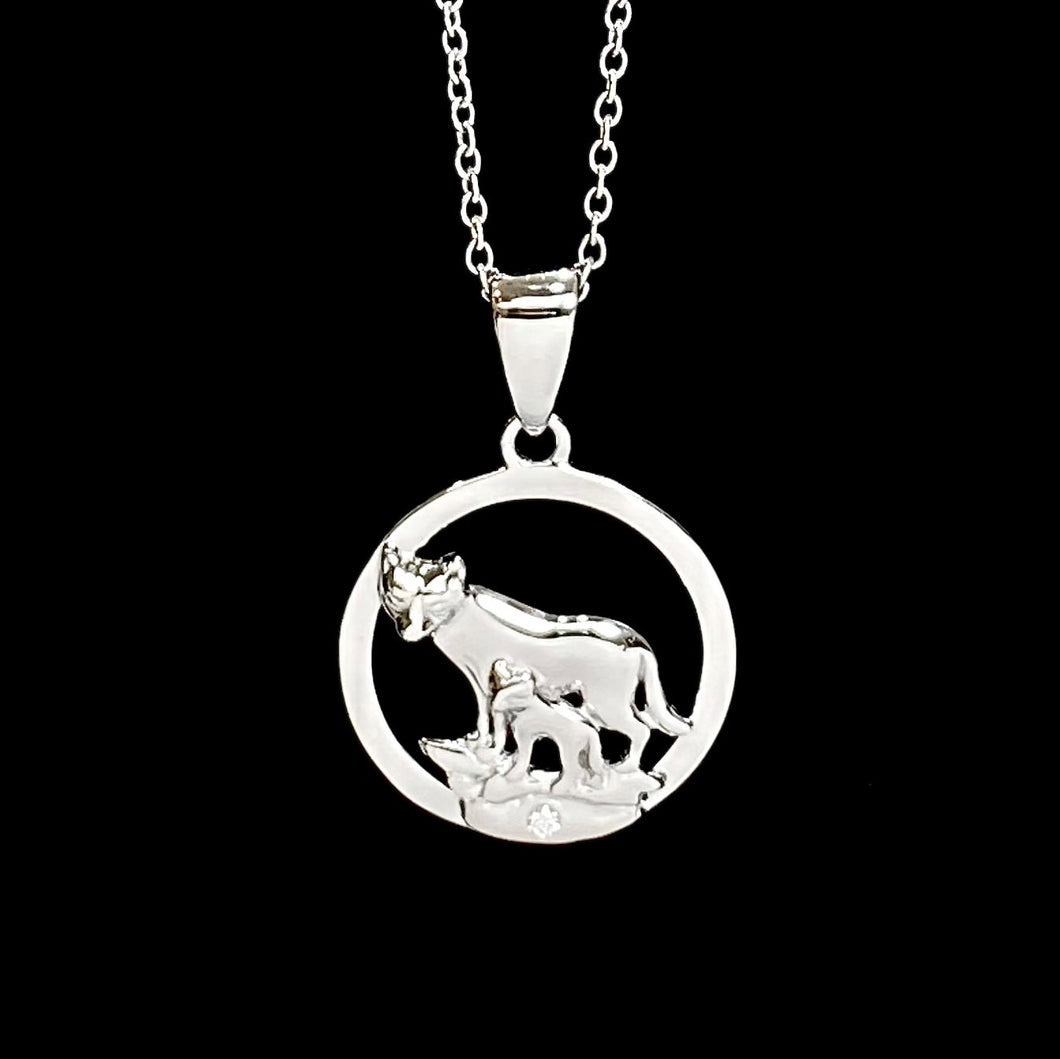 Tundra Wolf & Cub NORTHERN SPIRIT Sterling Silver Pendant with Canadian Diamond