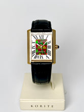 Load image into Gallery viewer, Ammolite Watch- Small- Roman Mosaic Rectangle Watch-Black Leather Strap (Korite)
