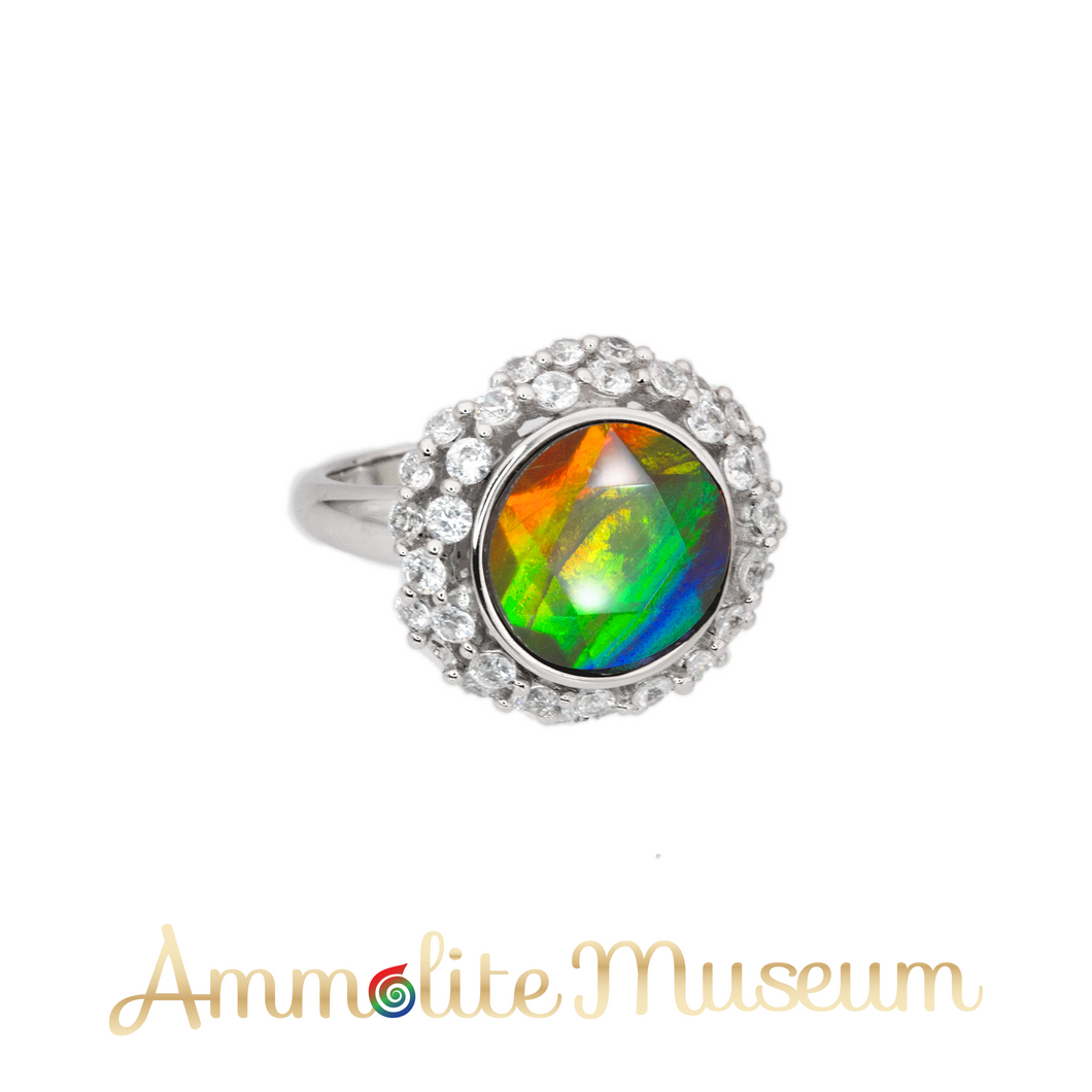 Sterling Silver Round Ammolite Ring with Swarovski Crystals
