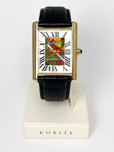 Load image into Gallery viewer, Korite Ammolite Watch- Large-Roman Mosaic Rectangle Watch-Black Leather Strap
