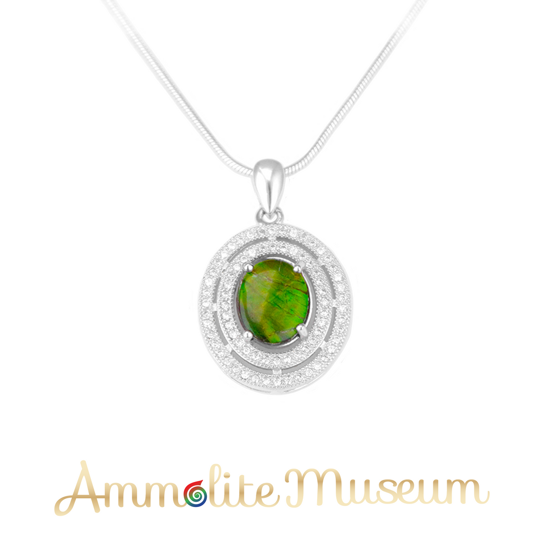 Sterling Silver Oval Ammolite Pendant with Cubic Zirconia