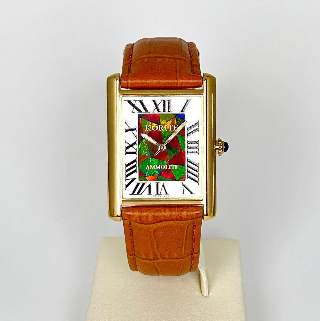 Ammolite Watch- Large- Roman Mosaic Rectangle Watch-Tan Leather Strap (Korite)