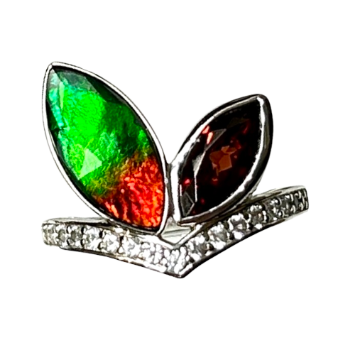 Ammolite Ring Sterling Silver RABBIT RIng with Garnet and Topaz