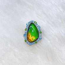 Load image into Gallery viewer, Ammolite Ring Sterling Silver WAVES HALO Ring
