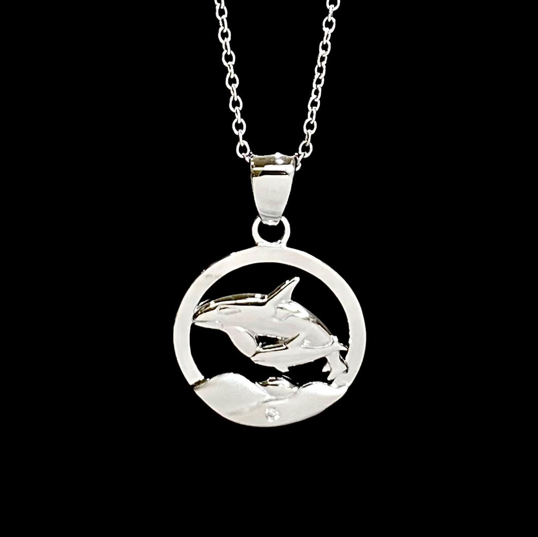 Mother Orca & Calf NORTHERN SPIRIT Sterling Silver Pendant with Canadian Diamond