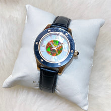 Load image into Gallery viewer, Korite Ammolite Watch- Small-Mosaic Ammolite white Mother of Pearl 36mm Round Watch-Black Leather Strap

