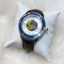 将图片加载到图库查看器，Korite Ammolite Watch- Large-Mosaic Ammolite white Mother of Pearl 43mm Round Watch-Brown Leather Strap
