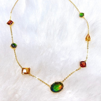 Ammolite Necklace 18k Gold Vermeil RADIANT Station Necklace with Garnet and Citrine