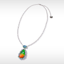 Load image into Gallery viewer, Ammolite Pendant Sterling Silver WAVES HALO Pendant with Swiss Blue Topaz and Diopside
