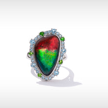 Load image into Gallery viewer, Ammolite Ring Sterling Silver WAVES HALO Ring
